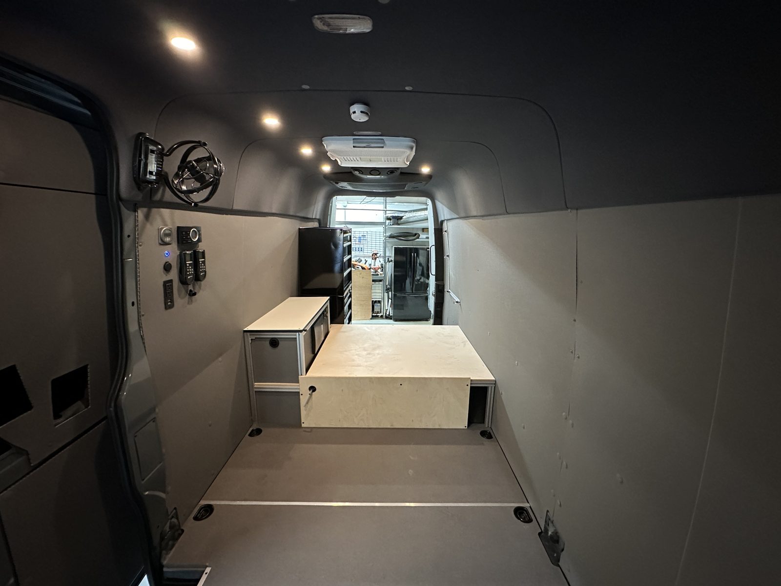 Finished dog handler van interior with LED ceiling lights and roof A/C